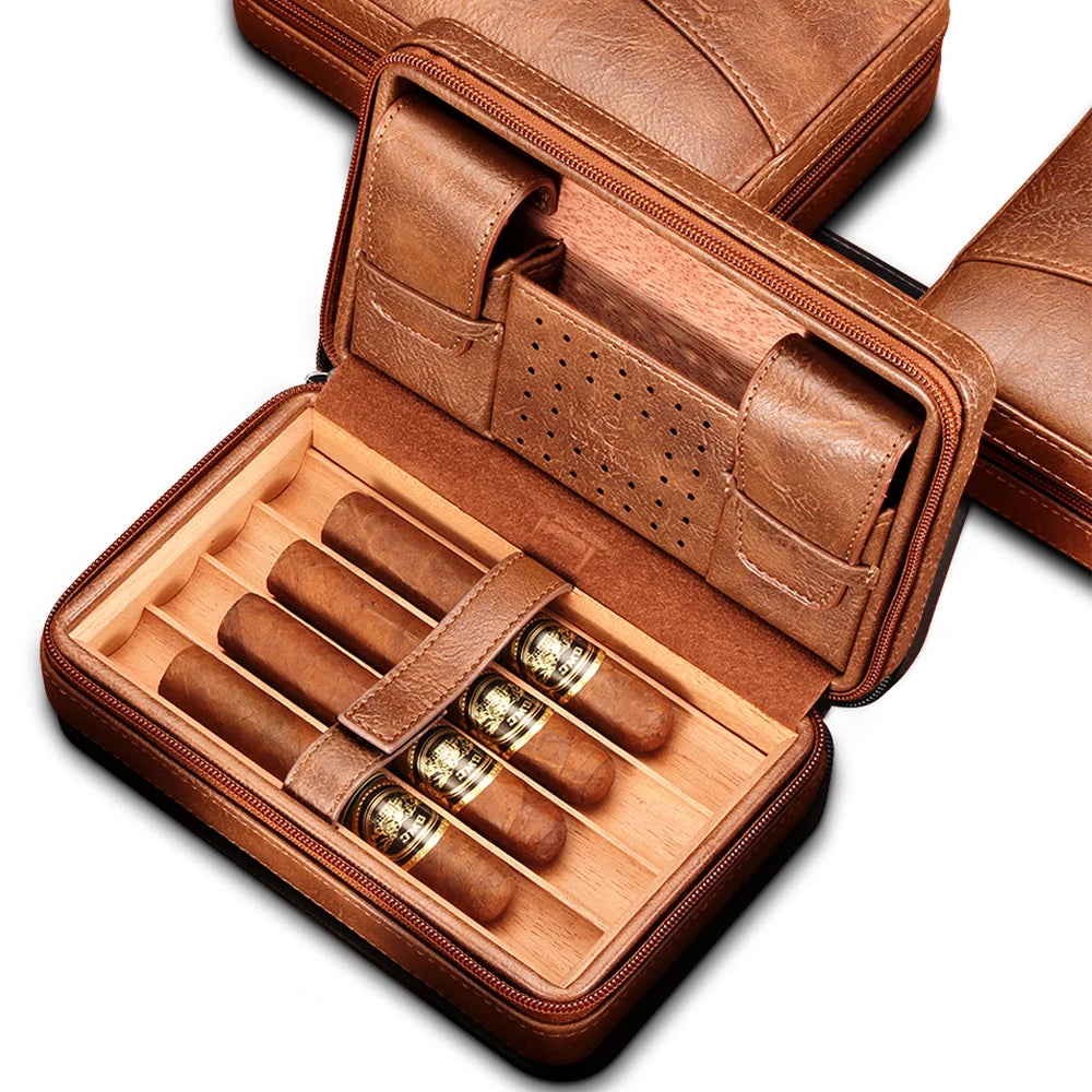 GALINER Portable Leather Cedar Wood 4 Cigar Humidor