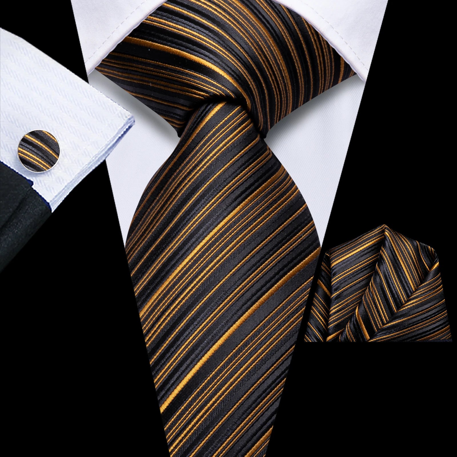 Hi-Tie Striped Silk Ties For Men Orange Golden Black Handky Cufflinks Set Fashion Gift Men's Tie Wedding Business Necktie