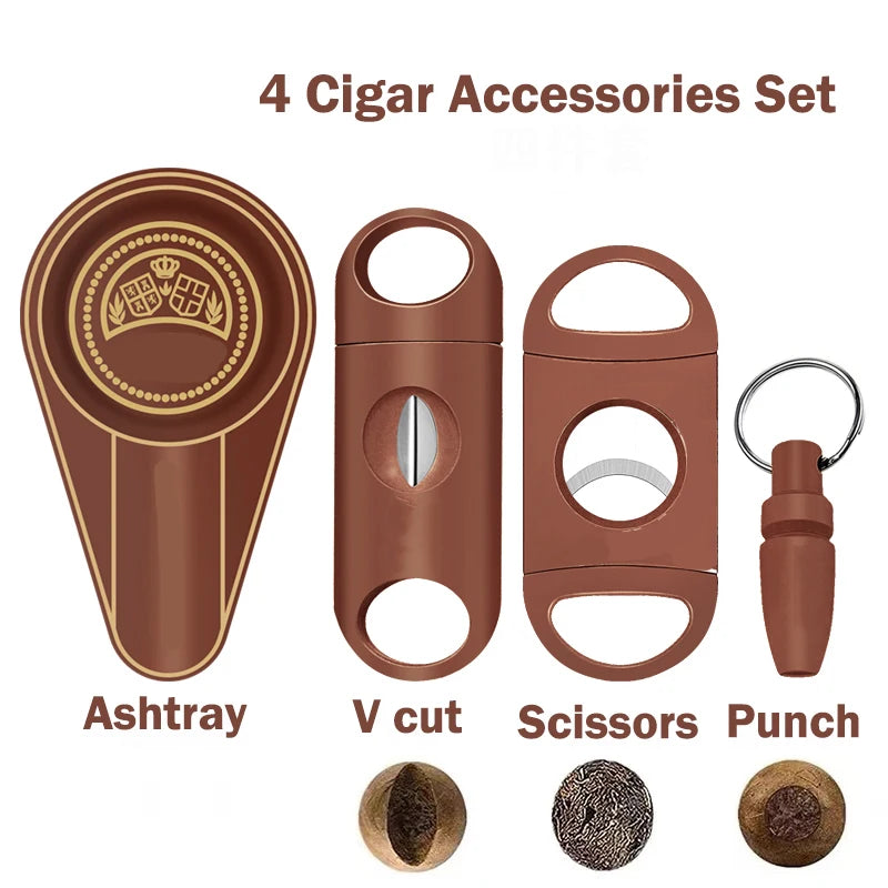 Brown 4 Cigar Set Cigar Cutter Pocket Ashtray V-Cut Cigar Scissors Guillotine Punch Knife