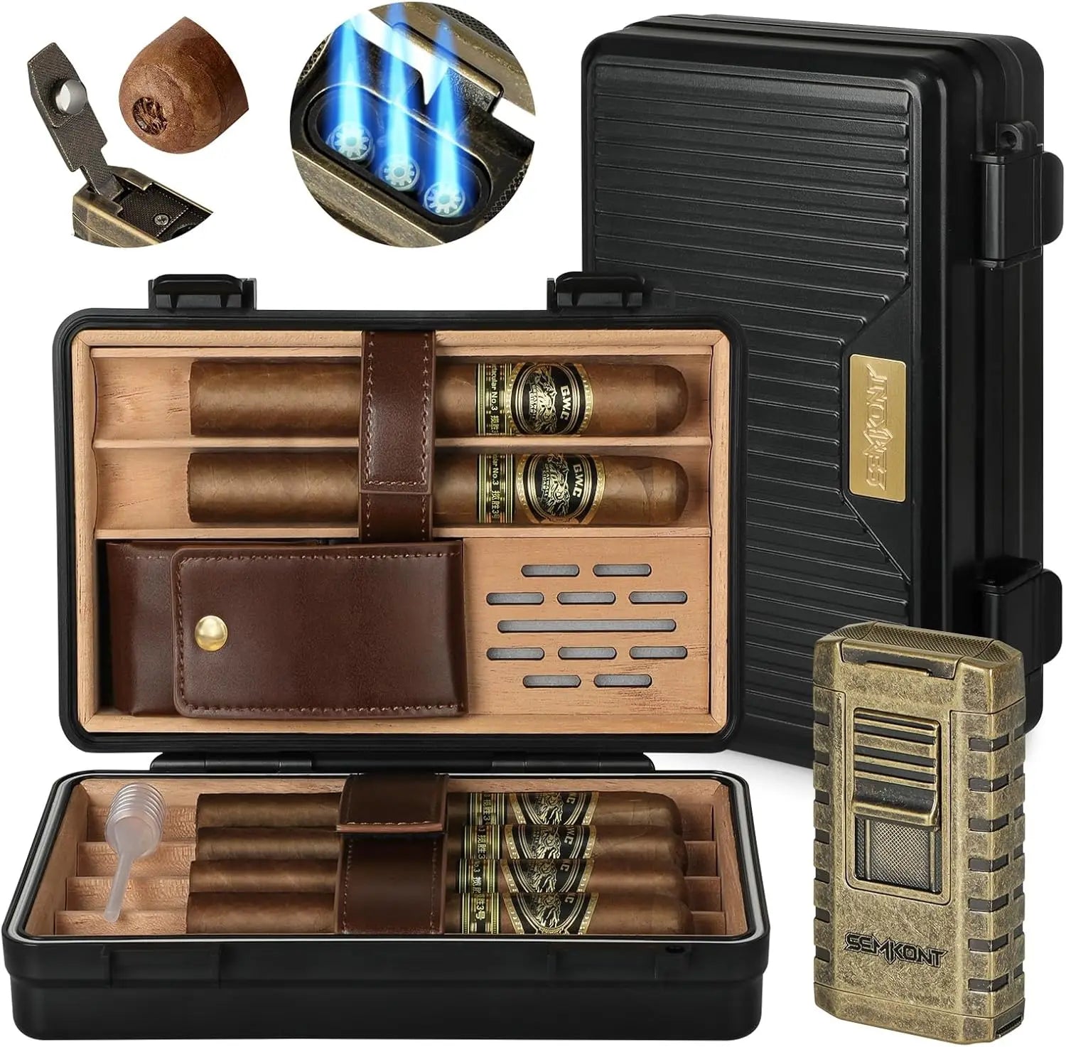 Travel Cigar Humidor Cedar Wood Lined,Waterproof Anti Pressure Sealed Cigar Storage Case,With Humidifier and Cigar Lighter Set