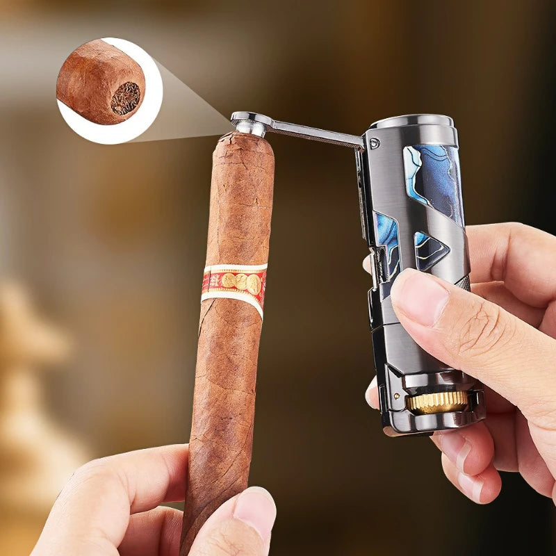 Three-in-one Cigar Windproof Lighter, New Product Personalized Metal Rocker Ignition Folding Multifunction Blue Flame Lighter