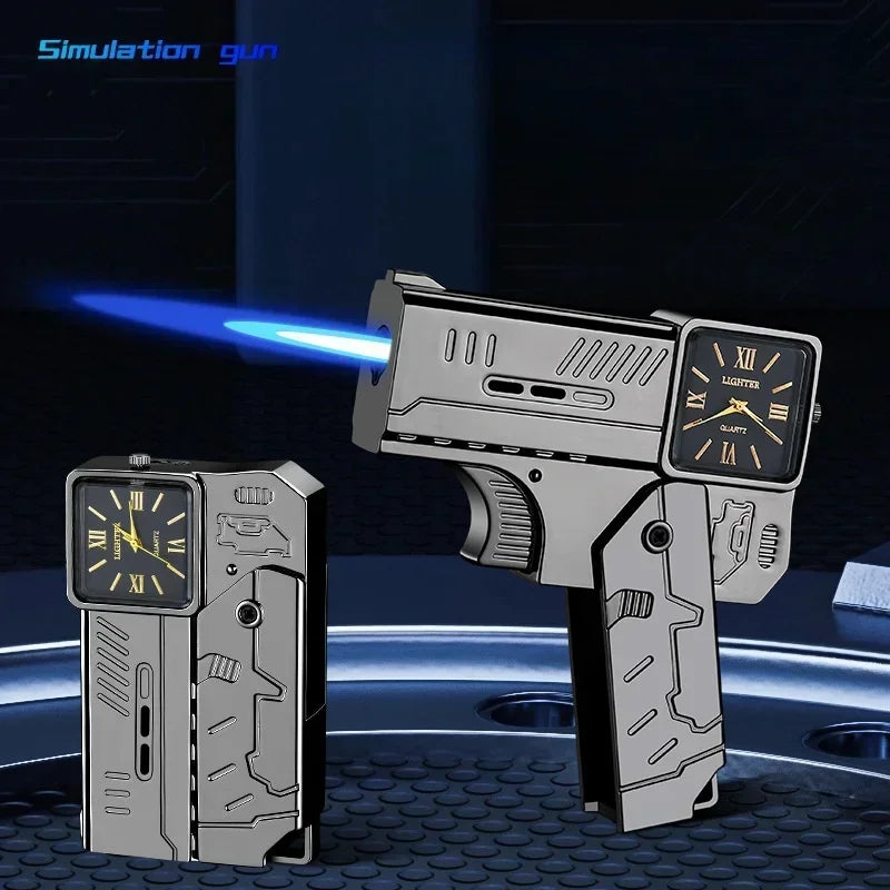 Creative folding gun shaped genuine watch windproof spray flame butane gas portable keychain cigar lighter Magical clipper