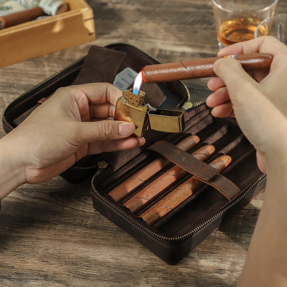 Crazy Horse Leather Cigar Travel Case With Lighter Cutter Holder