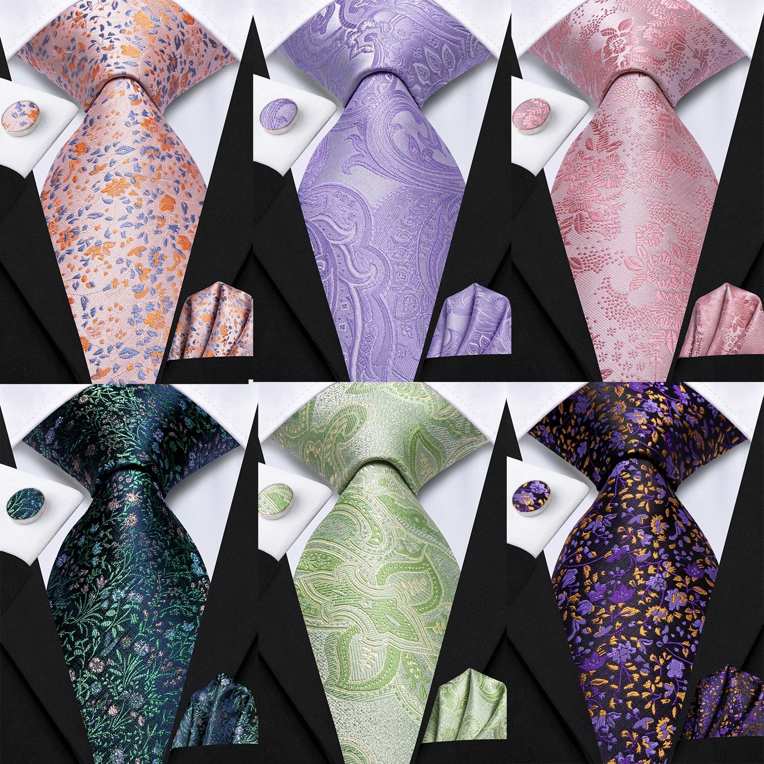Hi-Tie Mens Pink Purple Green Floral Wedding Necktie Handkerchief Cufflinks for Tuxedo Accessory Classic Luxury Tie Man Gift