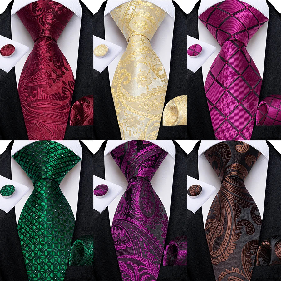 2024 New Silk Polyester Men's 8cm Tie Set with Pocket Square Cufflinks Wedding Party Groom Accessories Necktie Gift for Husband