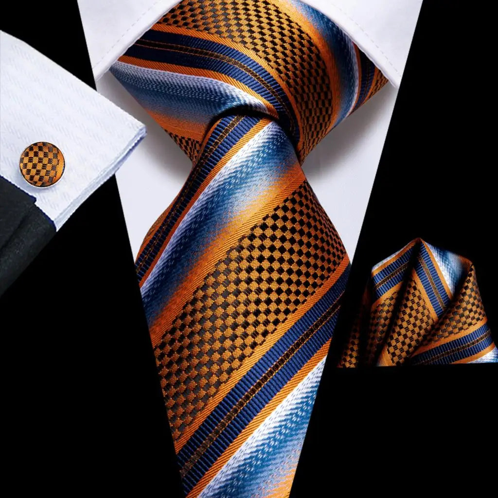 Hi-Tie Navy Blue Striped Silk Wedding Tie For Men Fashion Design Gift Men Necktie Hanky Cufflink Set Business Party Dropshiping