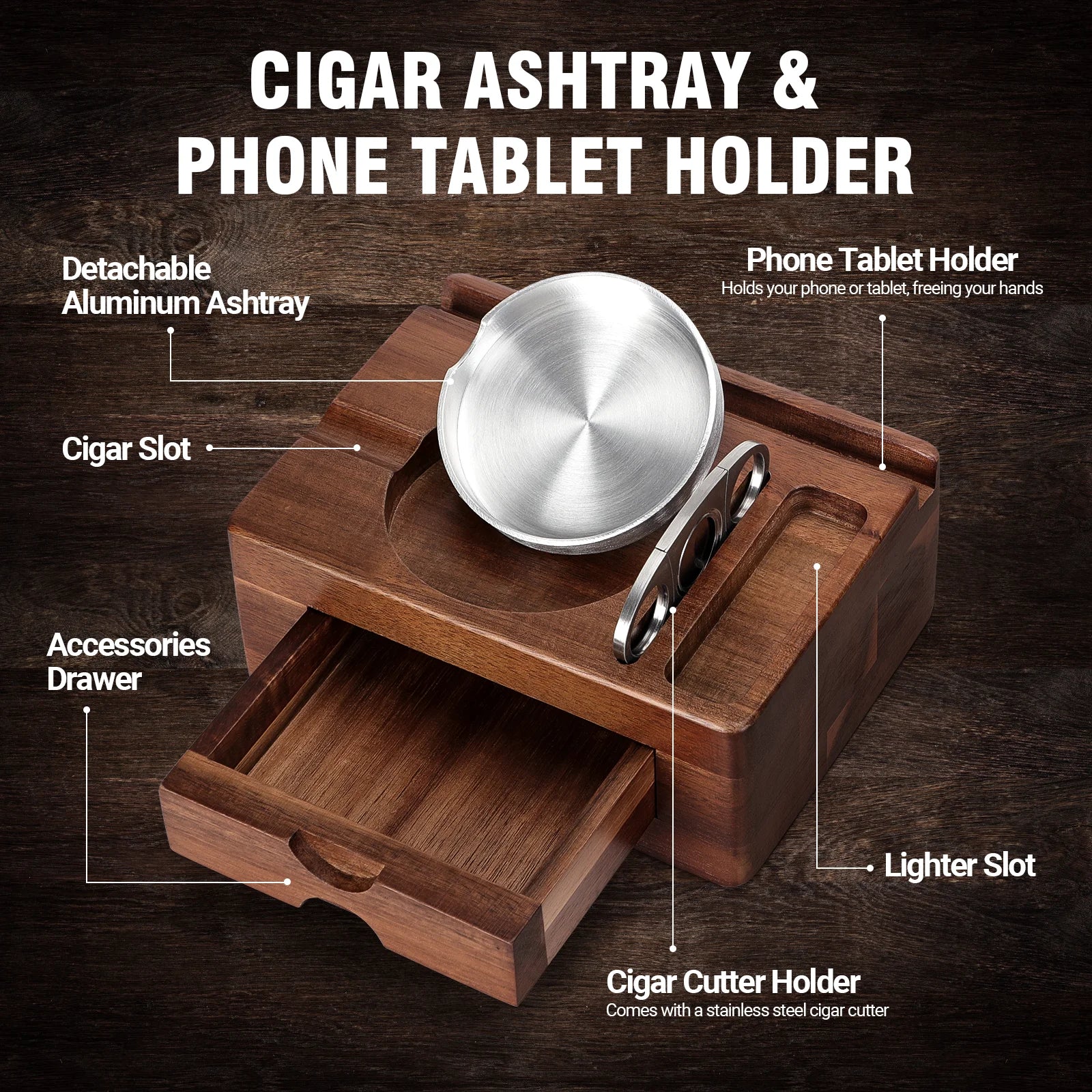 Multifunctional Personal Wooden Cigar Ashtray with Drawer and Accessory Holder