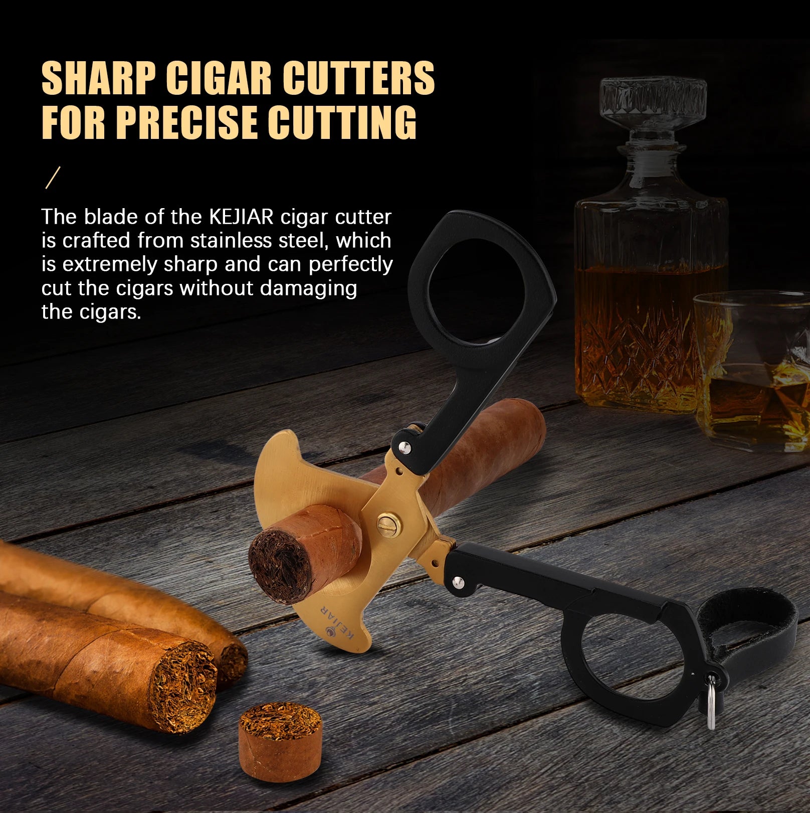 Cigar Cutter Stainless Steel Guillotine Double Cut Blade Cigar Scissors Cutter with Leather Case Key Ring Hand-Held Straight Cut