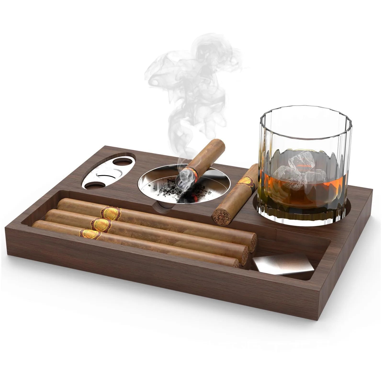 Cigar Ashtray with Cigar Cutter  Whiskey Glass Tray Detachable Outdoor 7 Slots Cigar Holder Gift for Men