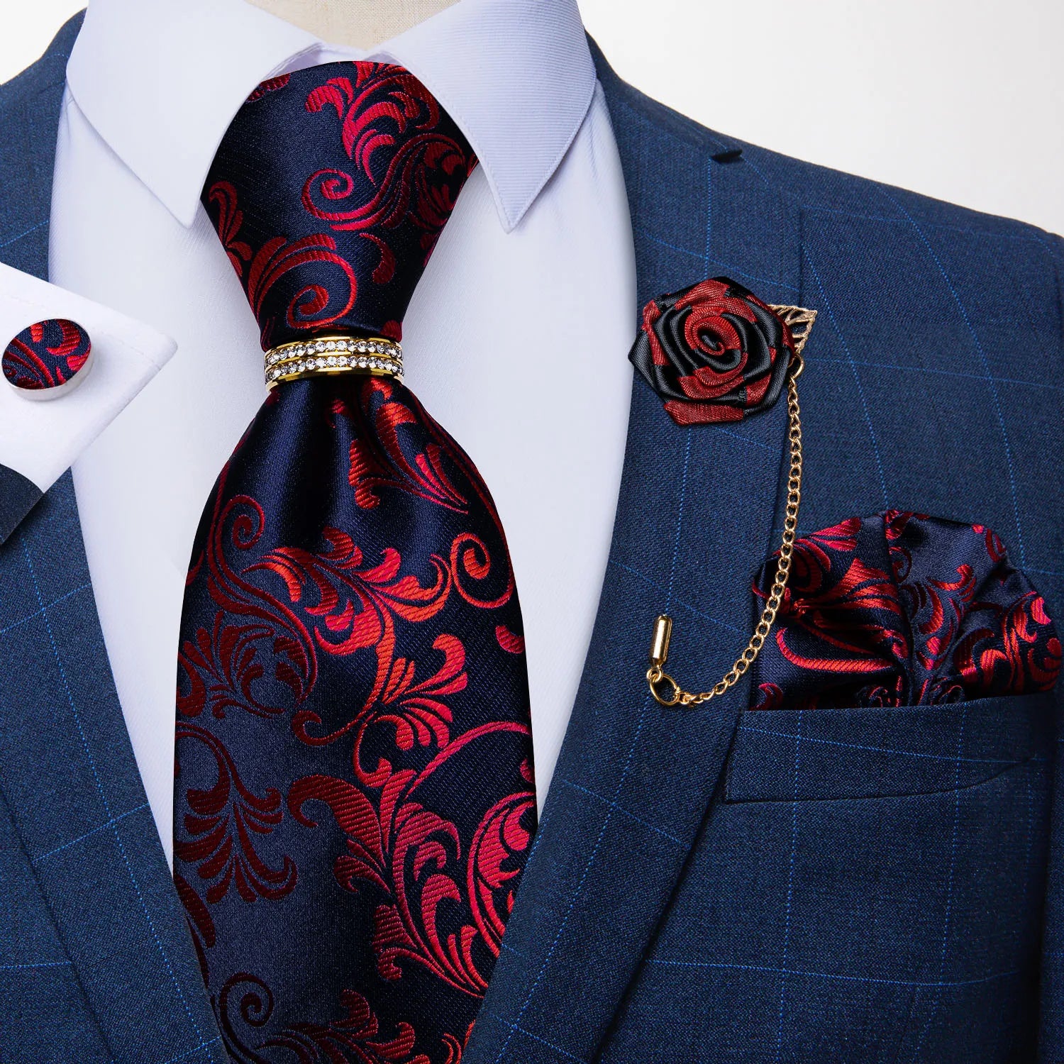 2 Set Men's Floral 8cm Ties Handkerchief Cufflinks Metal Ring Brooch Pin Set Wedding Party Suits Accessory Gift for Husband
