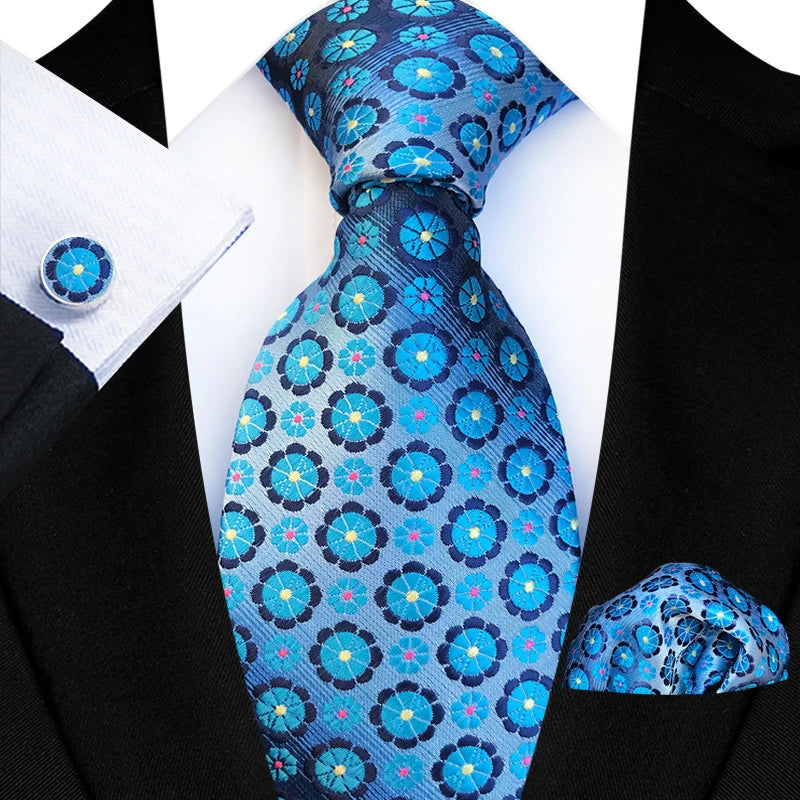 Flower Dot Ties For Men Luxury 8cm Wide Floral Wed Necktie Pocket Square Cufflinks Set Fashion For Men Party Wedding Gift