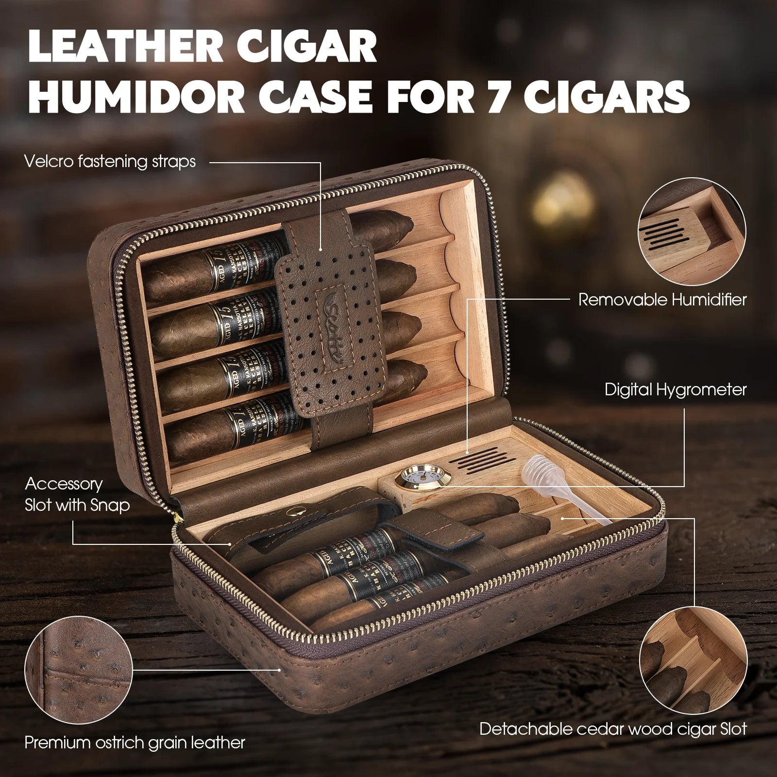 Scotte Cedar Wood Lined Leather Cigar Travel Case with Cigar Lighter and Built in Hygrometer