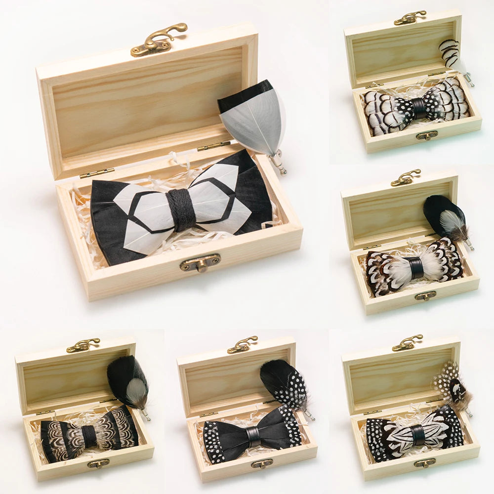 Wedding Bow Tie for Men handmade feather bow tie black white Pre-tied bowtie  brooch wooden box Set for Party birthday Gift