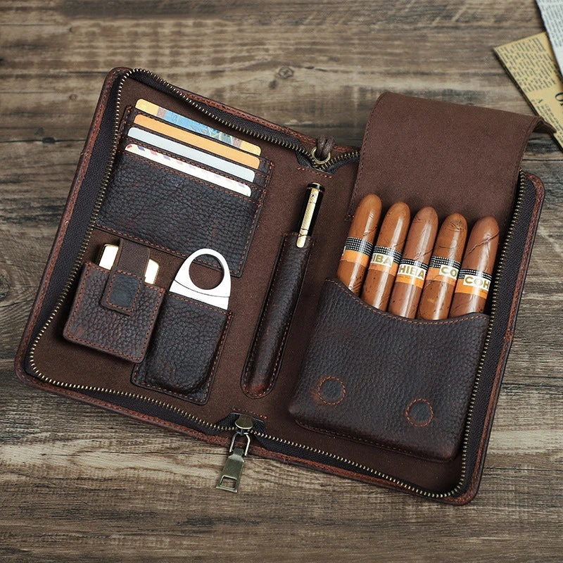 Multifunctional Leather 5 Piece Cigar Holder With Wrist Zipper