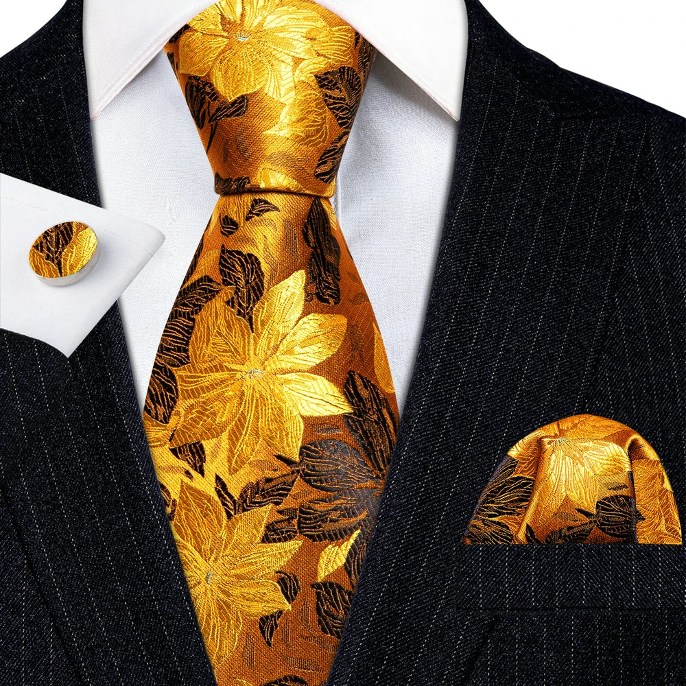 Elegant Mens Ties Gold Leaves Floral Silk Neck Tie Pocket Square Cufflinks Set Wedding Business Party Gift Barry·Wang 5966