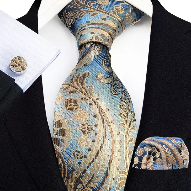 Floral Blue Ties For Men Wedding Party Business Man Tie Handkerchief Brooch Cufflinks Set Men Accessories Gravata