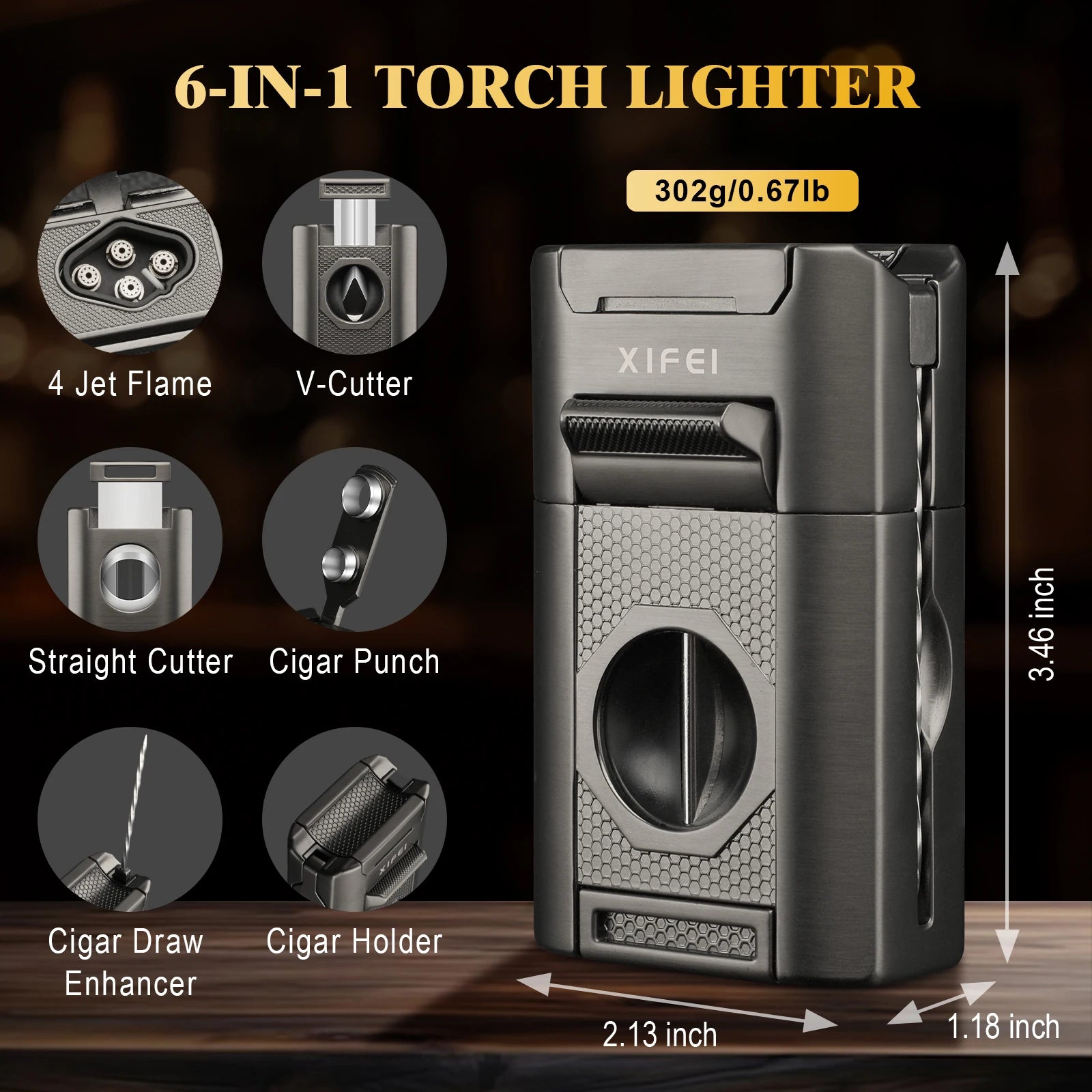 6-in-1 Cigar Lighter,4 Jet Flame Torch Lighter with Straight Cut V-Cut Cutter, Dual Punch, Cigar Poker, Holder,Butane Refillable