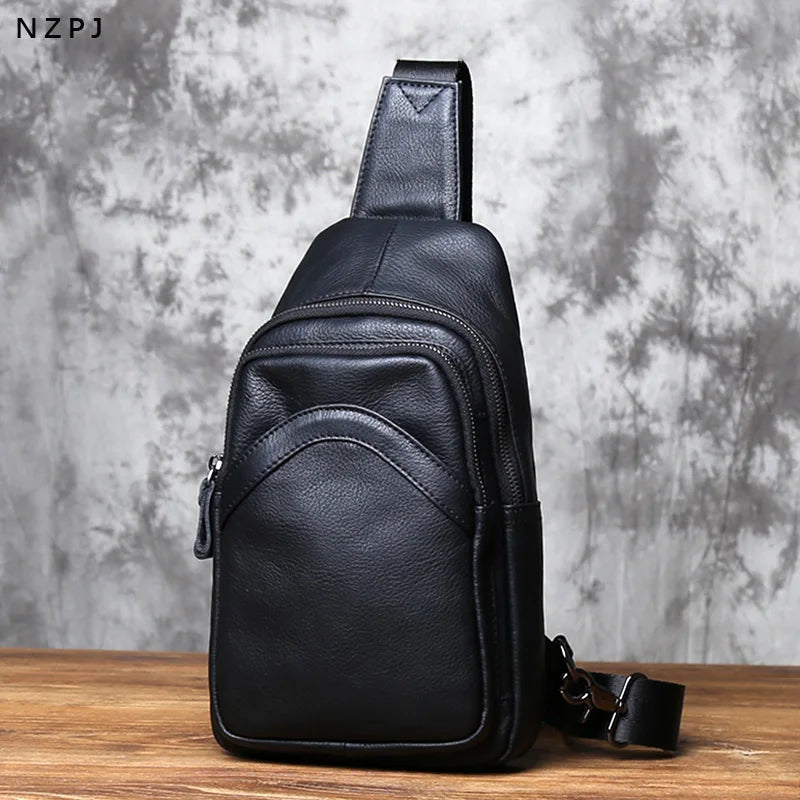 NZPJ Genuine Leather Men's Chest Bag Top Layer Cowhide Single Shoulder Crossbody Bag Trendy  Backpack Suitable For 8-Inch IPad
