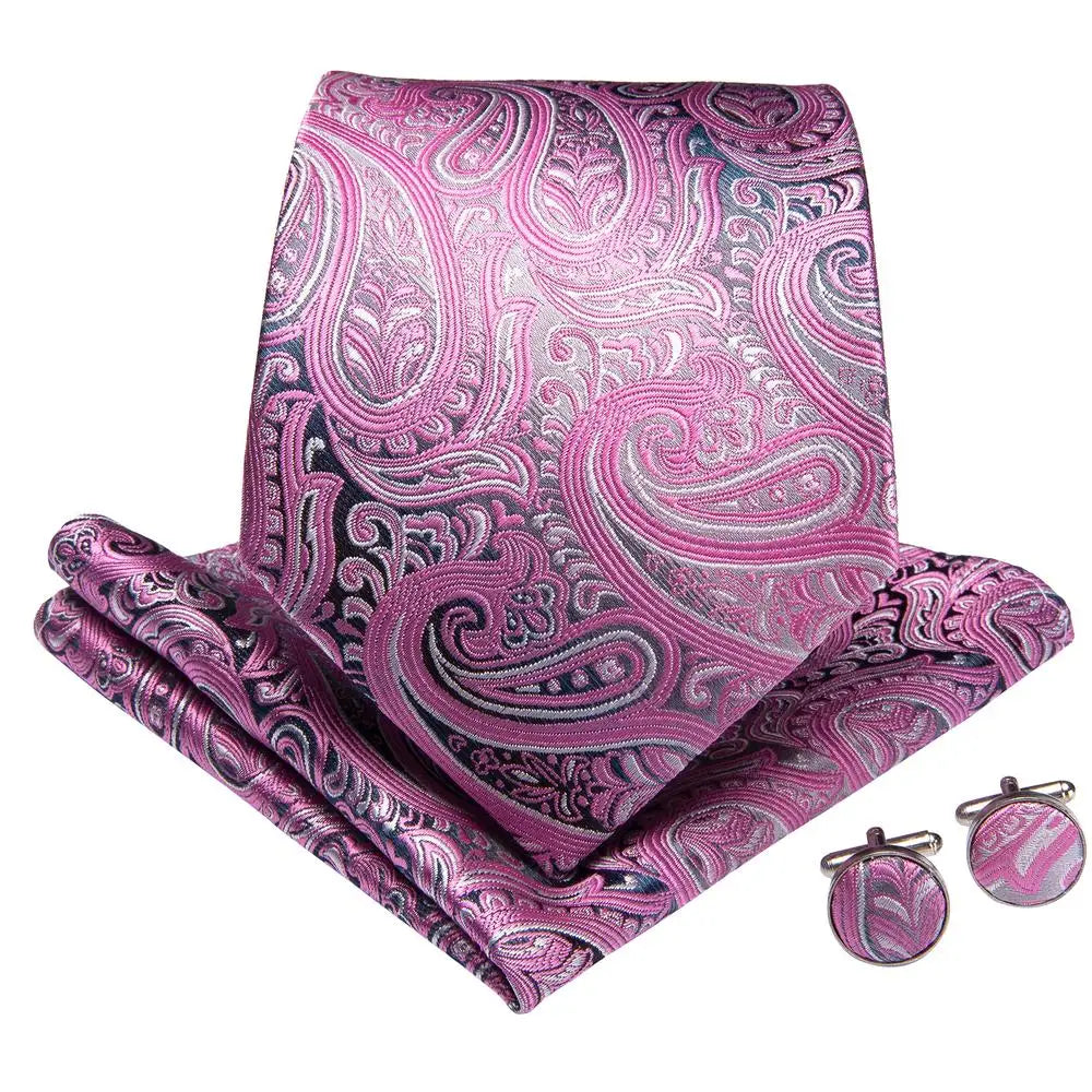 Mens Necktie Luxury 8.5cm Pink Paisley Silk Business Tie Pocket Square Cufflink Brooch Wedding Gift For Men Hi-Tie Designer
