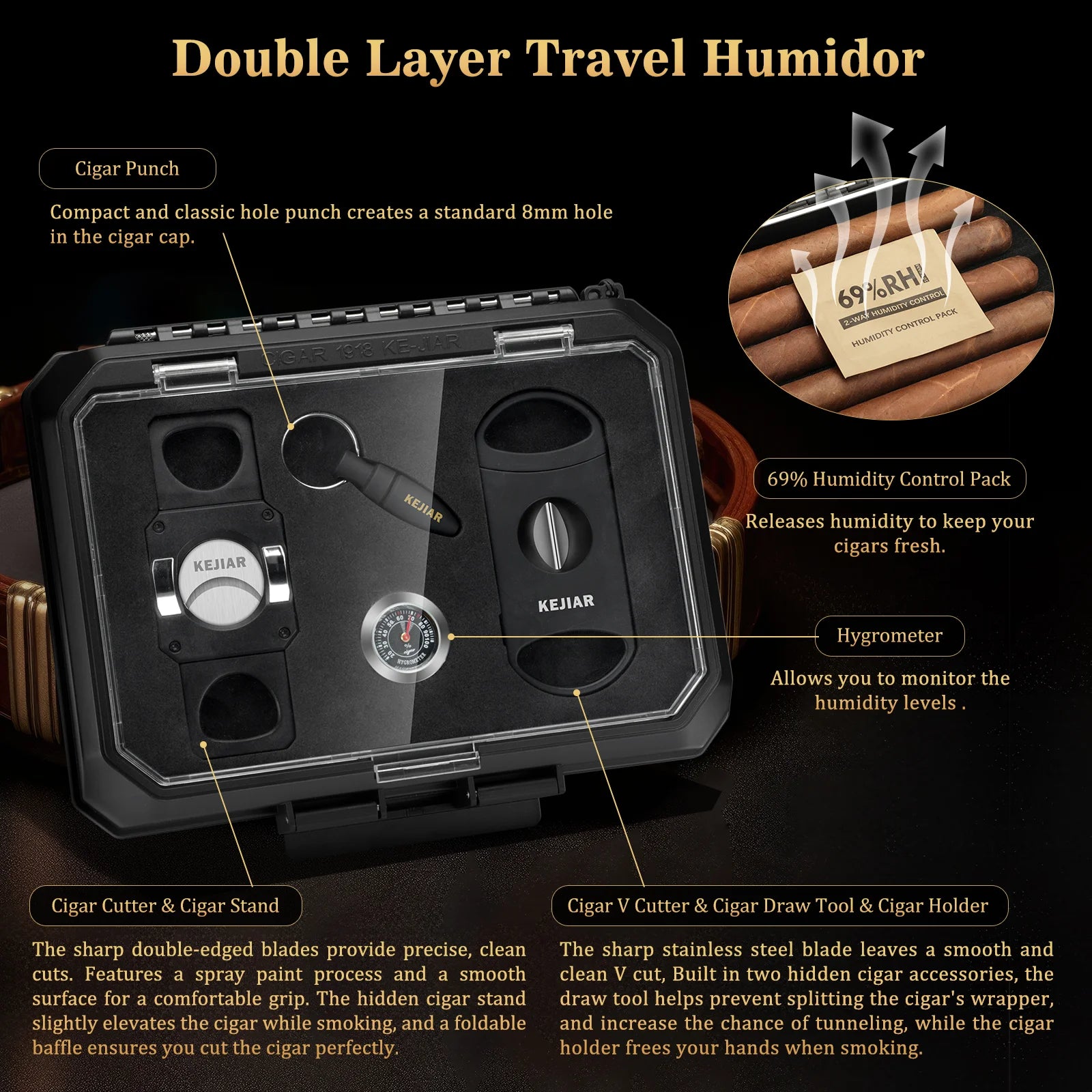 Travel Cigar Humidor Case  with Cigar Cutter