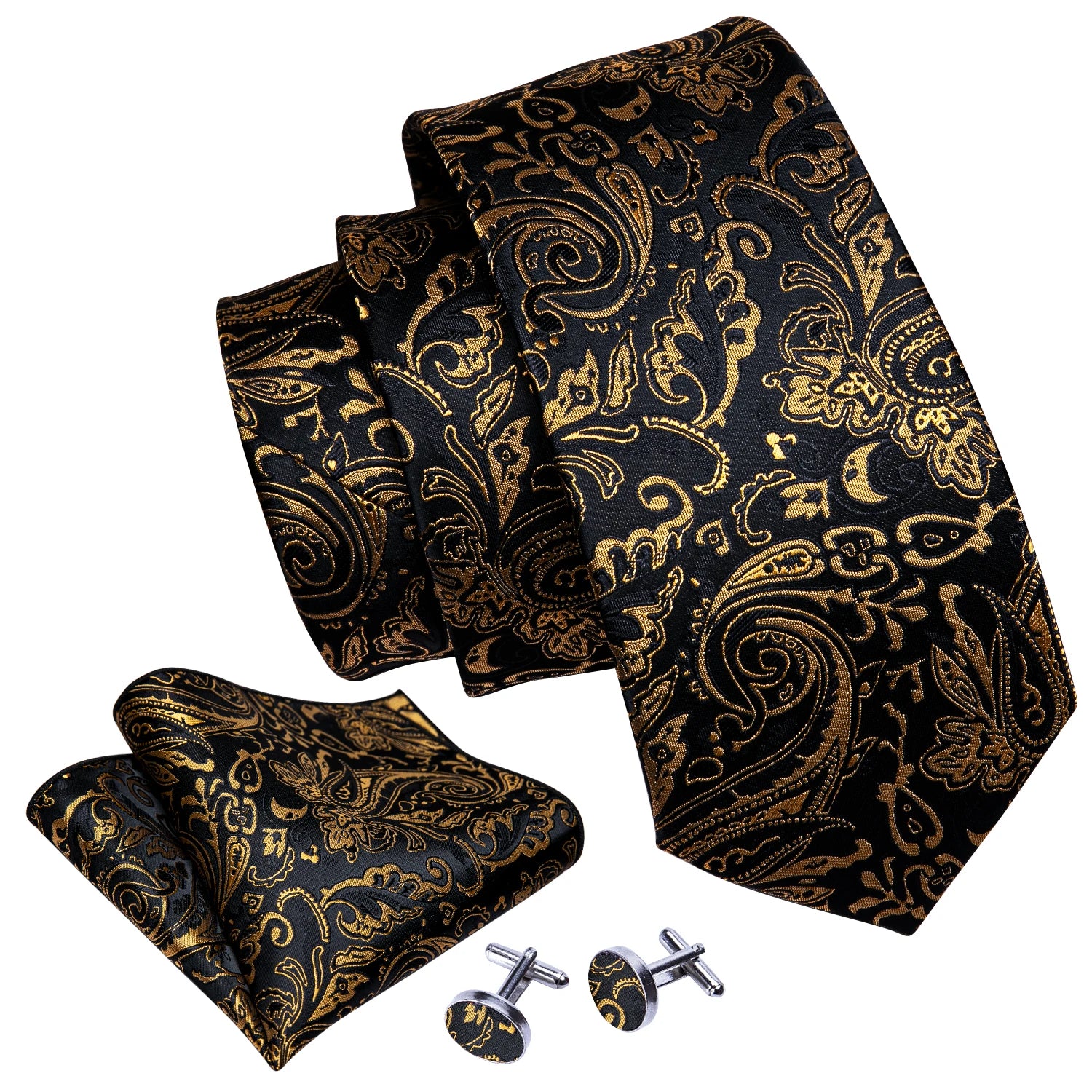 Barry.Wang Gold Black Jacquard Mens Tie Hanky Cufflink Brooch Set Floral Paisley Necktie Pin For Male Wedding Business Gift