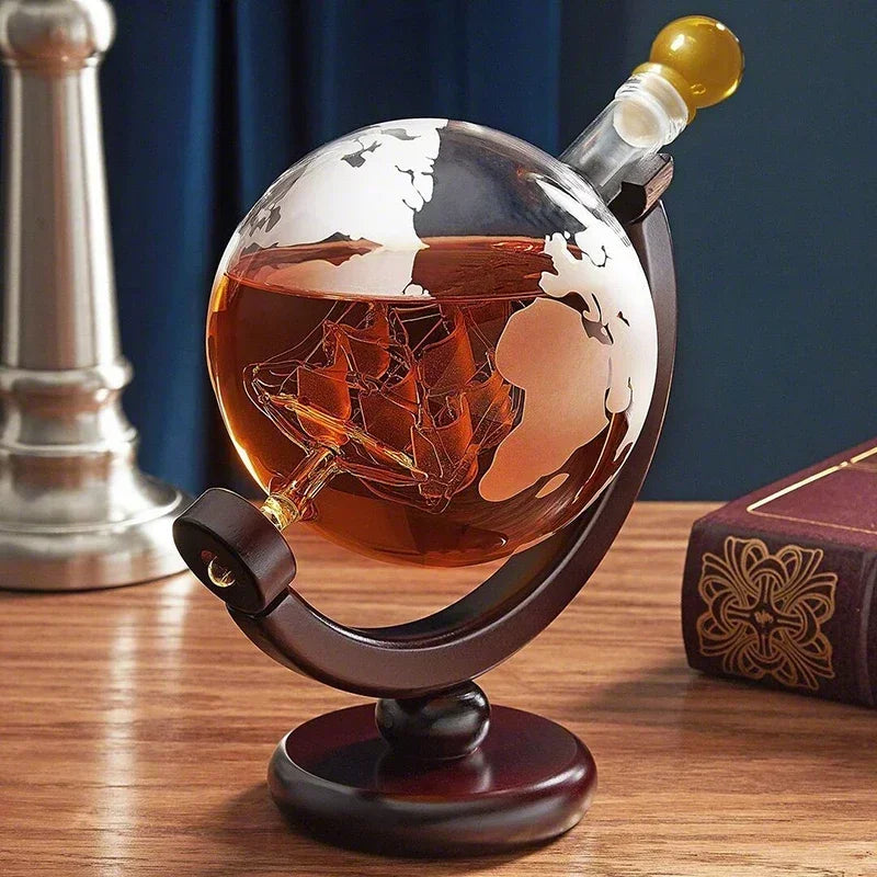 Globe Decanter Set with Exquisite Wood-stand and 2 Whiskey Glasses