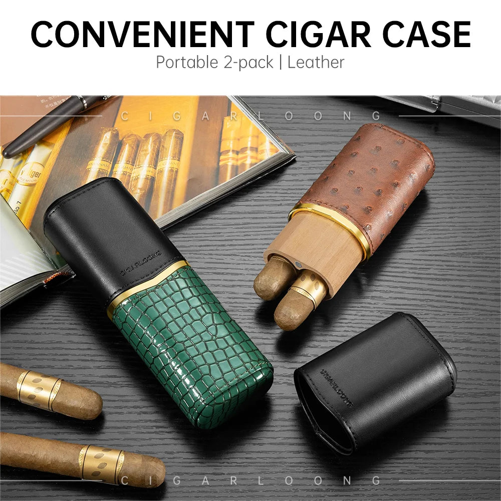 CIGARLOONG Cigar Protective Case Cigar accessories Leather Case Portable Travel 2-pack Cedar Wood Moisturizing CH-24L1