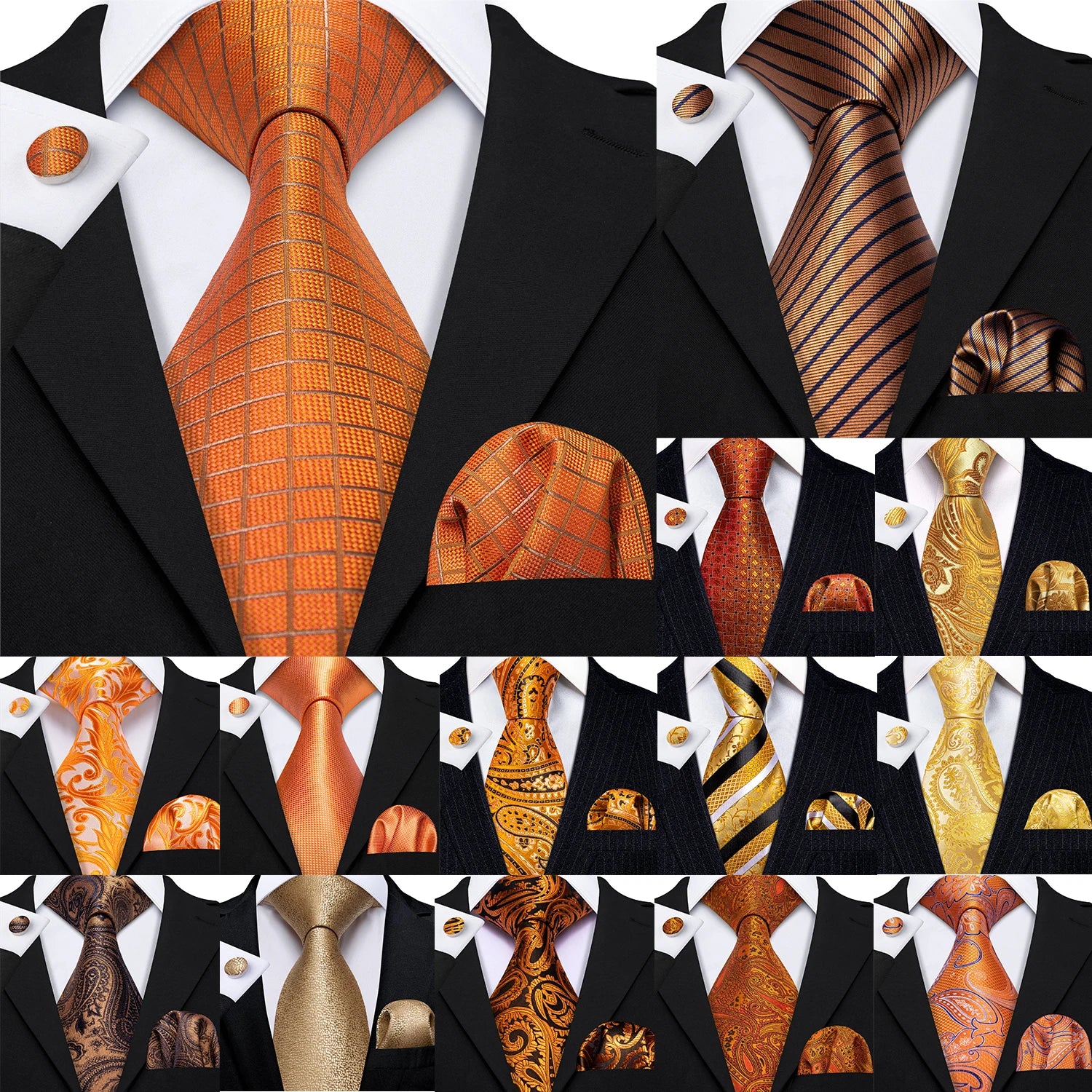 Barry.Wang Orange Brown Silk Mens Tie Hanky Cufflinks Set Gold Coffee Jacquard Designer Necktie For Male Wedding Business Party