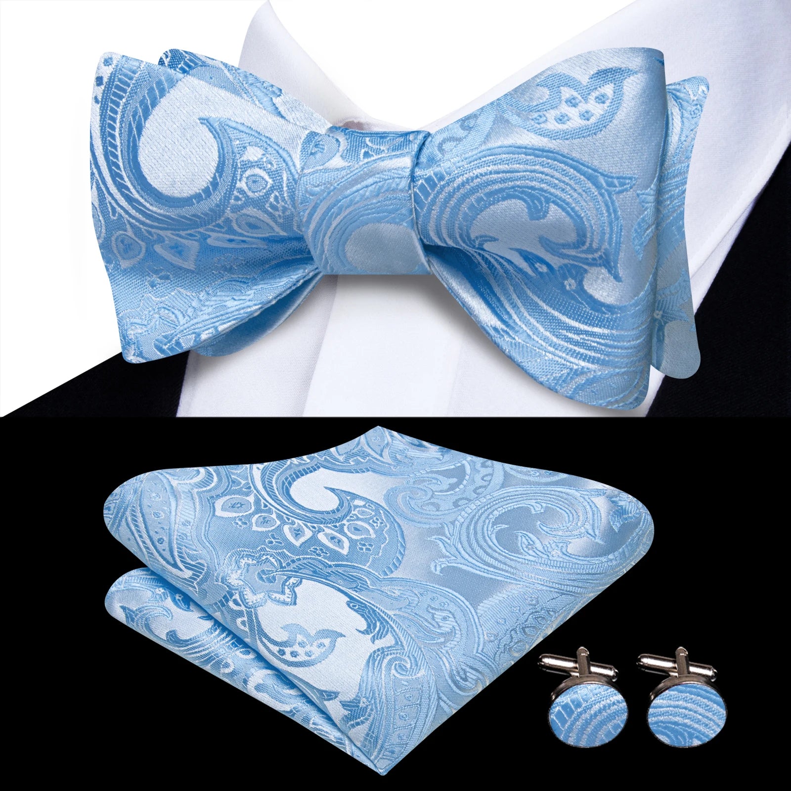 Pink Orange Sky Blue Hi-Tie Mens Bow Tie Pocket Square Cufflinks Set Self-tied Butterfly Knot Bowtie for Wedding Business Gift