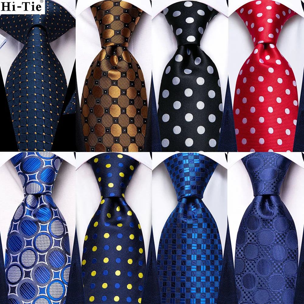 Hi-Tie Designer Blue White Dot Silk Wedding Tie For Men Handky Cufflink Gift Men Necktie Fashion Business Party Dropshipping