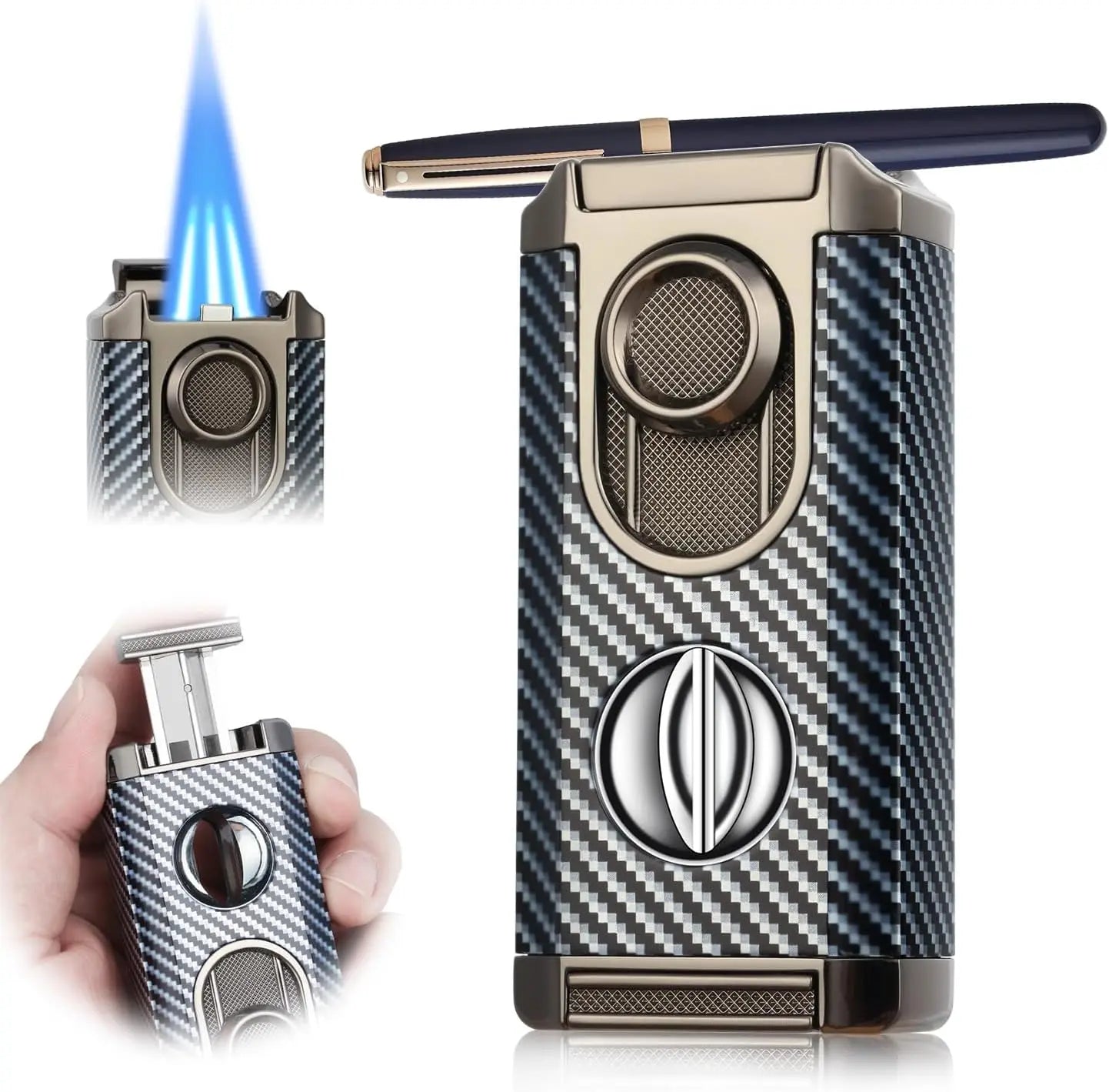 Multifunctional Cigar Lighter Powerful Three Blue Flame Visible Gas Window V-shaped Cigar Cutter Ignition Gadgets