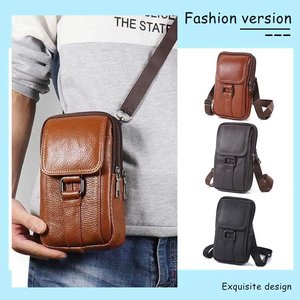 Portable Crossbody Bags Cowhide Leather Fanny Pack Waist Bag Fashion Simple Multi-pockets Casual for Outdoor Sport