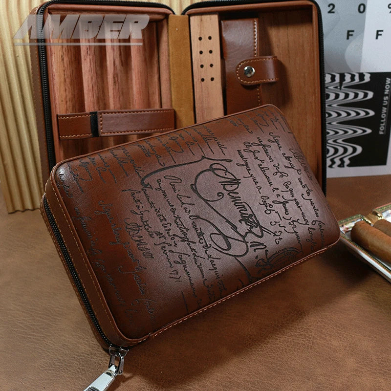 Cigar Case 4- cigars tubes Leather  Travel Portable Humidor with Cedar Wood Lined with Stainless Steel Cigars Cutter