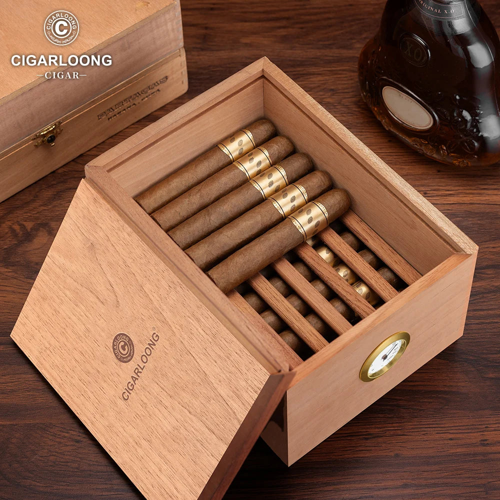 Cigar Humidor Cedar Wood Storage Cigar Box Double Layer Design No Paint Case with Hygrometer Large Capacity for 30 Cigars HH-116