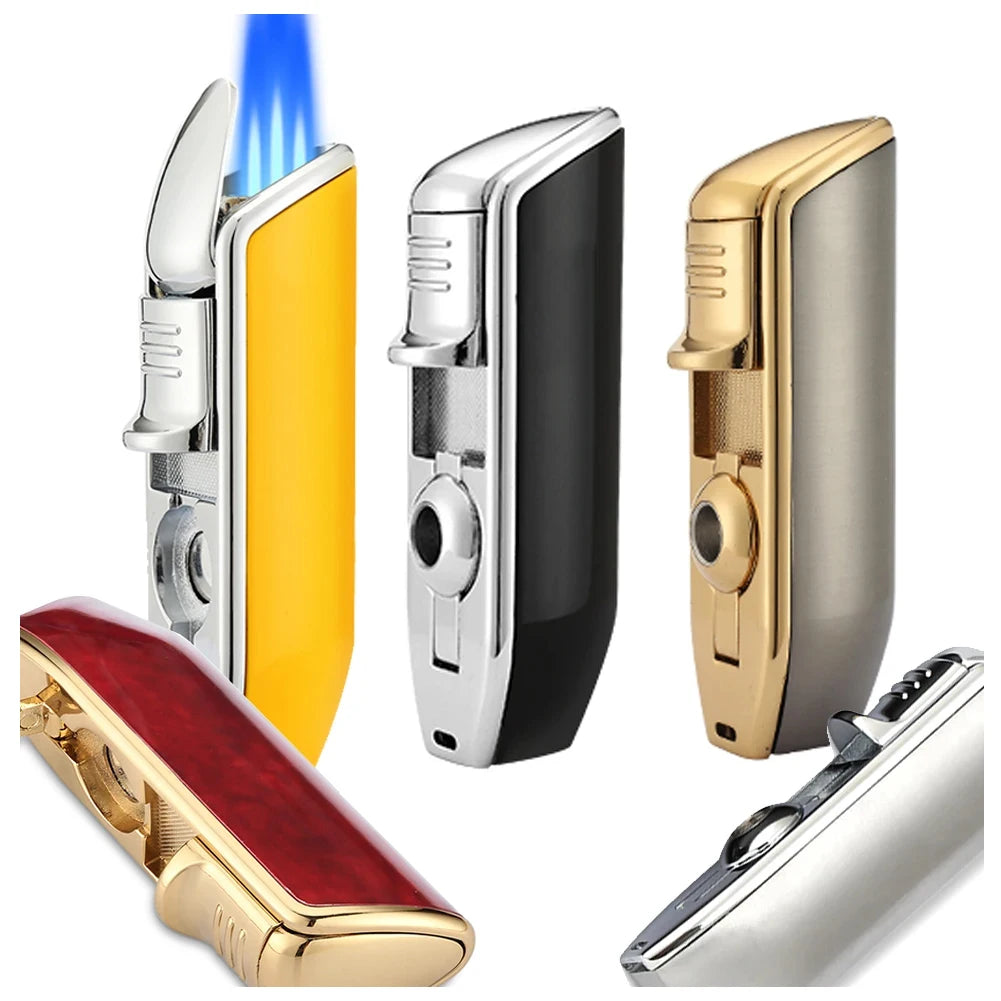 Luxury Lighter Butane Cigar Lighter Windproof Metal 3 Jet Lighters Smoking Igniter Cigar Punch Cutter