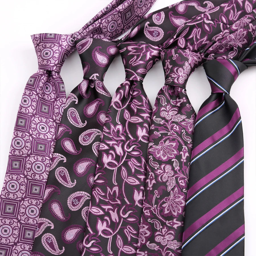 Luxury 8CM Mens Tie Necktie Floral Stripes Dark Purple Ties For Man Groom Jacquard Woven Neck Tie For Business Wedding Party