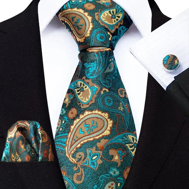 Luxury Tie For Man Suit Set Paisley Necktie Handkerchief Set Plaid Fashion Cufflinks Pocket Square Business Wedding Party Gravat