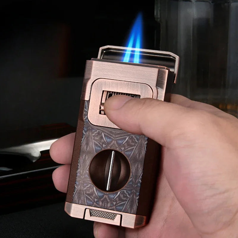 2025 New Deluxe Cigar Lighter with V Shape Knife Cigar Holder Dual Nozzle Flame Butane Refillable Torch Lighter Smoker Gift