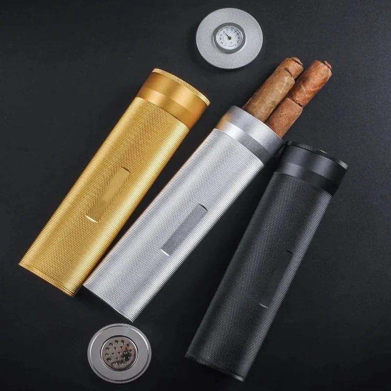 Metal Cigar Tube with Hygrometer and Humidifier Cigar Humidor Travel Case Holder for 4 Cigars Gift for Smokers