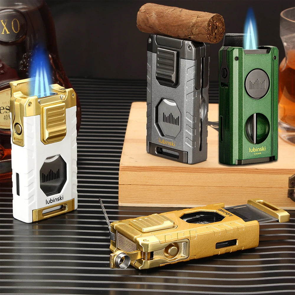 LUBINSKI Cigar Lighter Gas Torch Jet Blue Flame Lighters Smoking Cutter Cigar Accessories With Needles Punch Cigar Tool