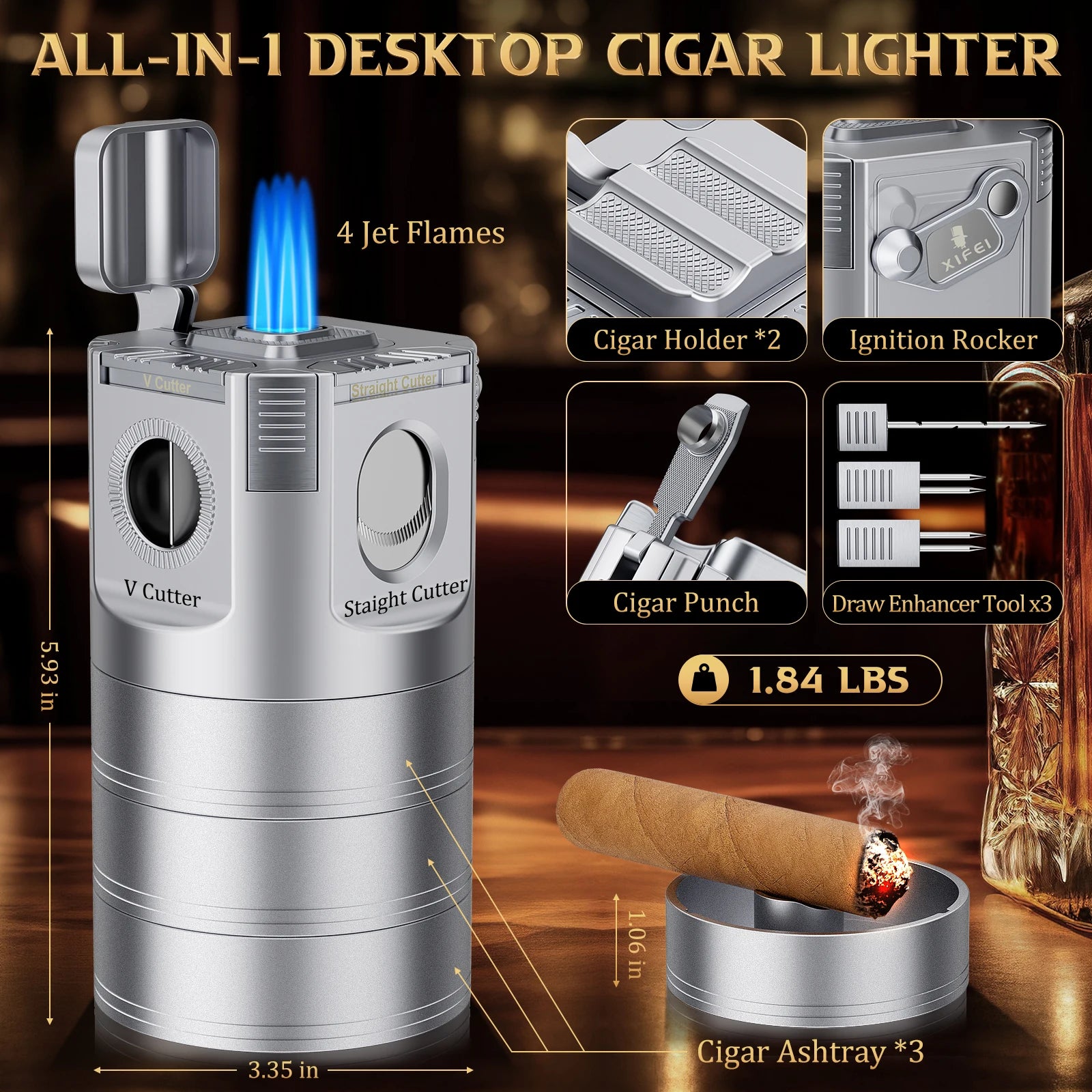 8-in-1 Desktop Cigar Lighter with Straight V-Cut Cutter,3 Ashtrays,3 Draw Enhancer Tools,2 Stands,Punch,4 Jet Flame Butane Torch