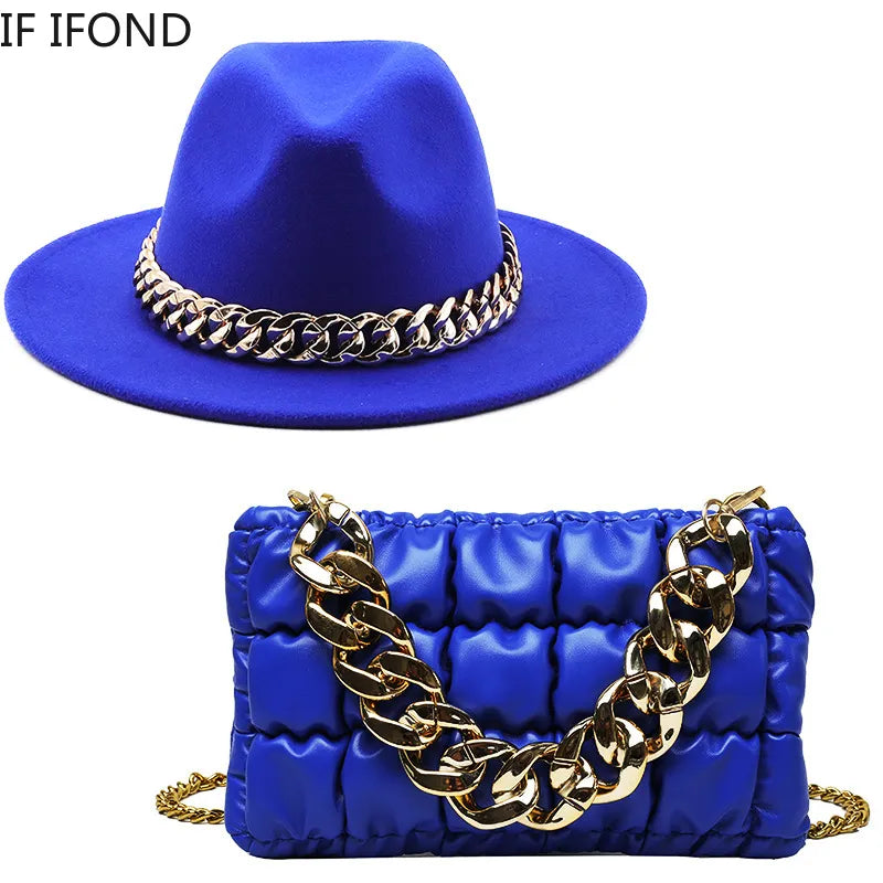 Party Jazz Fedora  With Luxury Oversized Chain Accessory Bag Two-piece Set