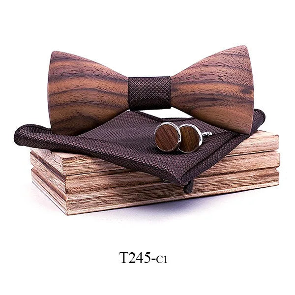 Black Solid Wood 3D Embossed Bow Tie Wedding Wooden Tie Square Towel Cufflinks Tie Men's Dress Accessories Gift Box Set