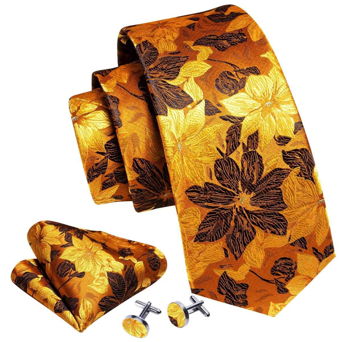 Elegant Mens Ties Gold Leaves Floral Silk Neck Tie Pocket Square Cufflinks Set Wedding Business Party Gift Barry·Wang 5966
