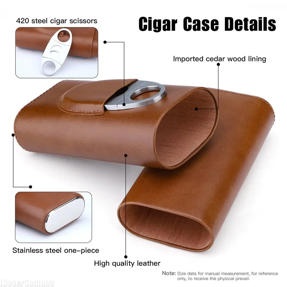 Three-Finger PU Leather Cigar Case Silver Cigar Cutter