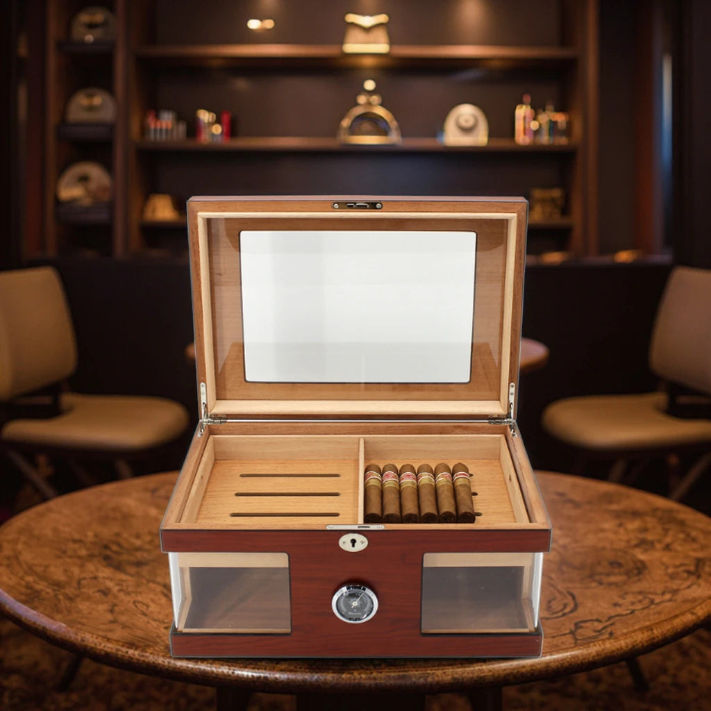 Lonten Modern Design Acrylic Glass Cigar Humidors Wholesale Cedar Wood Cabinet with Lacquer Technique Cigars Holder Box