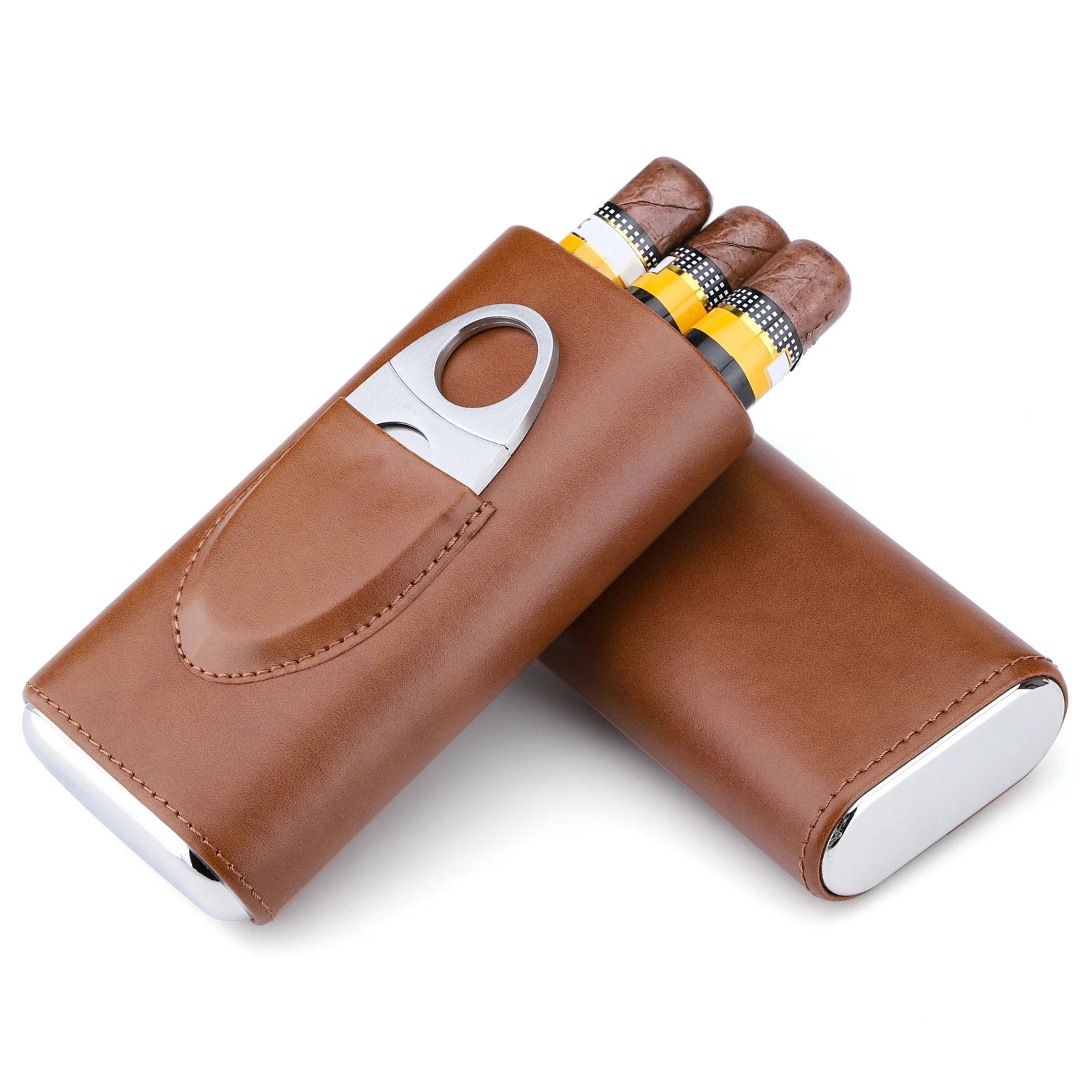 Leather Cowhide Three-Finger Portable Cigar Humidor With Silver Cigar Cutter