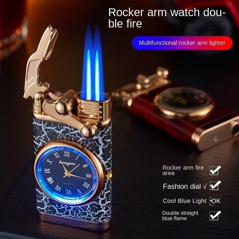 Windproof Gas Double Tube Lighter w/ Built In Watch