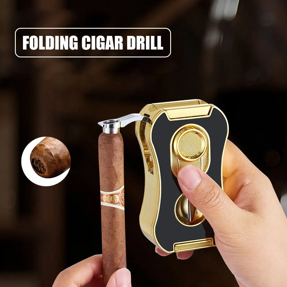 6-in-1 Multifunctional Cigar Lighter Strong Four Blue Flame Multiple Cigar Cutter Alloy Body