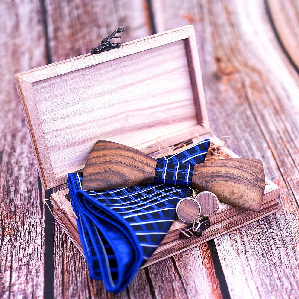 Black Solid Wood 3D Embossed Bow Tie Wedding Wooden Tie Square Towel Cufflinks Tie Men's Dress Accessories Gift Box Set
